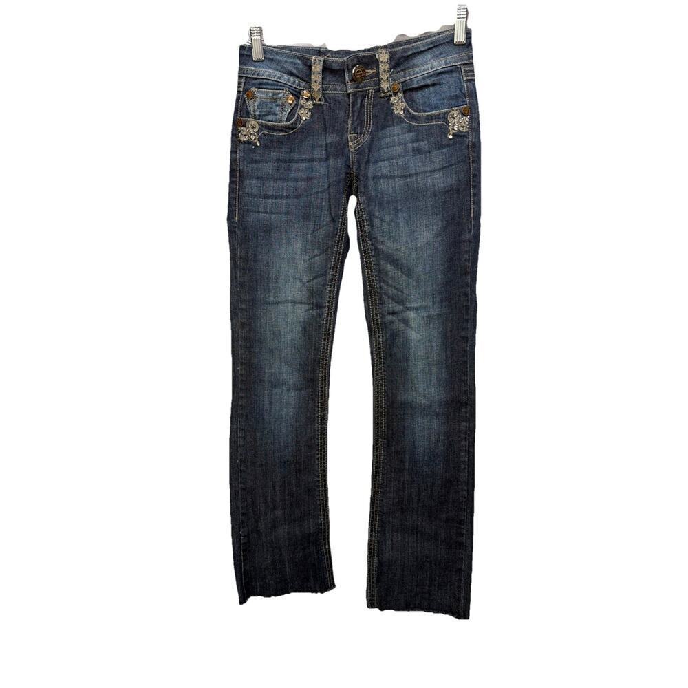 Grace In LA Jeans Womens 25 Blue Wash Raw Hem Embellished Pockets Stretch Denim